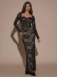 SHEIN BAE Women's Elegant Black Lace Dress,Autumn Square Neck Backless Dinner Party Dress,Suitable For Formal Cocktail Holiday Christmas New Year's Birthday - Black - View 4