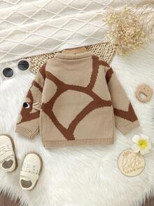 SHEIN Playful Pals 可爱长颈鹿提花针织毛衣，搭配可爱3D耳朵，幼儿圆领长袖上衣，休闲又复古，温暖舒适，守护宝宝成长的每一刻 - 卡其色 - 查看 2
