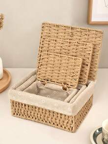 3件/2件/1件带盖桌面编织收纳篮，可用于存放化妆品、钥匙、零食，适用于客厅、走廊、家居装饰、工艺盒、结婚礼物装饰篮，适合返校季节。 - 杏色 - 查看 6