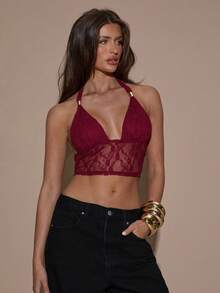 SHEIN BAE Women's Burgundy Lace Halter Backless Top,Autumn Fashionable Solid Color Elegant Crop Top For Christmas,New Year,Party,Club Night,Rave & Techno - Red - View 3