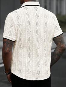 Manfinity Homme Camisa casual de manga corta con botones y dobladillo curvo con ribete de contraste para hombres, camisa de encaje y malla para hombres, camisa de ganchillo para hombres, camisa blanca de encaje para hombres, camisa de punto para hombres - Beis - Ver 2