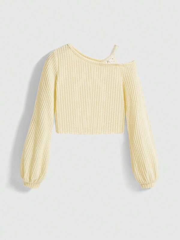 ROMWE Kawaii Camiseta corta de mujer casual de unicolor con cuello asimétrico