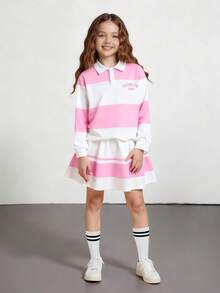 SHEIN Explorewe 青少年女孩运动休闲拼色长袖上衣和迷你裙套装，秋季 - 粉色 - 查看 3