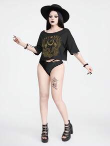 ROMWE Goth Camiseta corta de mujer con estampado floral de patrón de piel de serpiente con estrellas y luna para el verano - Negro - Ver 6