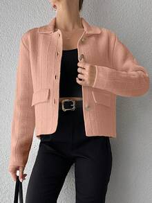 SHEIN Cottnline Women's Solid Color Front Button Faux Pocket Casual Blouse - Coral Pink - View 4