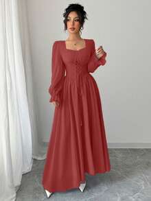 Modelyn Vestido elegante de cor sólida, decote coração, com amarração, manga comprida e cintura marcada, chique francês - Rosa Melancia - Ver 6