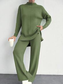 EURMUSE 女士春季/秋季休閒實色立領針織毛衣和長褲套裝 - 薄荷綠 - 查看 4