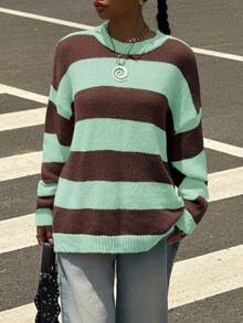 Muchica Women's Regular Striped Pattern Crew Neck Long Sleeve Pullover Sweater - Mint Green - View 6