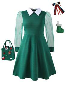 1pc Girls Wednesday Shirt Collar Black Mesh Patchwork Long Sleeve Dress, Mesh Puff Sleeve Dress, Autumn (Dress Only) - Dark Green - View 8