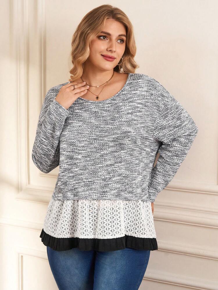 Plus Size Casual Colorblock Lace Patchwork T-Shirt, Autumn/Winter,2025 New