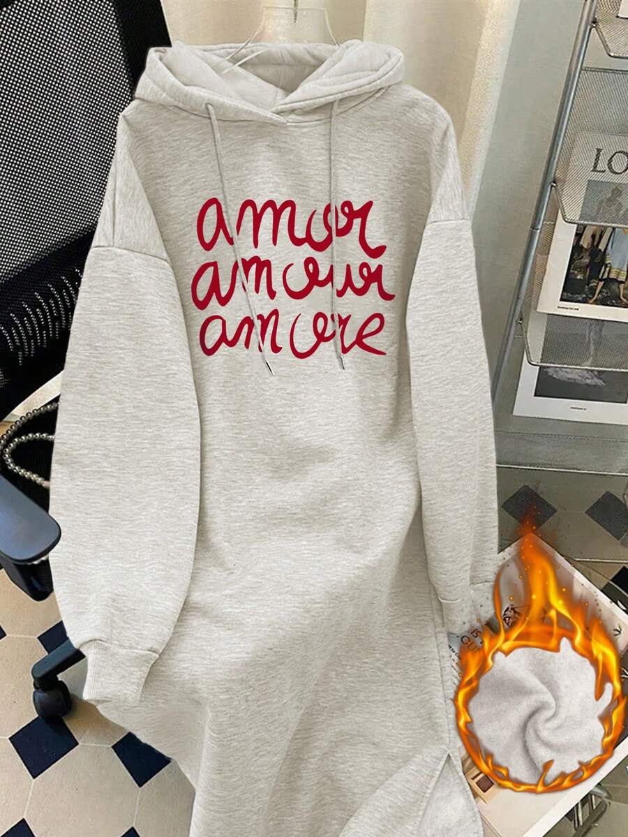 Resyla 女款 Drop Should 羊毛连帽连衣裙，带抽绳，AMOR 情书图案长袖长款运动衫 - 淺灰色 - 查看 1