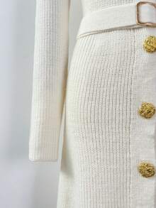 Franclia Women's Cream White Autumn Elegant Everyday Knitted A-Line Dress,Stand Collar Long Sleeve Single-Breasted Sweater Dress With Metal Buckle Belt Slim - Apricot - View 7