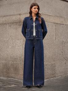 SHEIN Frenchy 女式落肩短款时尚百搭休闲前扣牛仔套装 - 藍色 - 查看 3