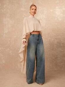 SHEIN X Scot Louie Lumalex 新款高端优雅女士单肩披肩袖宽松不对称荷叶边下摆亚麻领披肩立领上衣短后背长款衬衫，可作为无肩带内搭穿着，适合夜间外出、派对、约会、乡村、返校节、休闲、假日度假、海滩度假、婚礼日记、音乐节、情人节浪漫约会、万圣节、宰牲节派对、春夏等场合。 - 杏色 - 查看 7