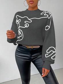SHEIN LUNE 女式纹理落肩长袖休闲毛衣，秋冬 - 深灰色 - 查看 3