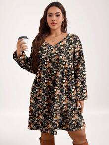SHEIN LUNE 大码女式休闲度假风格碎花V领灯笼袖连衣裙，春秋季 - 彩色 - 查看 5