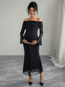 Momance Elegantes Umstandskleid mit Off-Shoulder, Langarm, Bindedetail und schwarzer Spitze - Schwarz - Übersicht 7