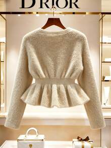 Franclia 女士新款秋冬温柔淑女荷叶边下摆毛衣 - 杏色 - 查看 2