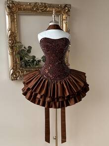 Lovelzi Váy hở vai cổ tim đính đá Rhinestone trang trí eo thắt eo nhiều tầng xếp nếp phong cách vũ công ballet Millennium sang trọng thanh lịch, thích hợp cho đám cưới, dạ hội, tiệc tối, sinh nhật, trở lại trường, trà chiều, triển lãm, sự kiện kinh doanh và các dịp khác - màu nâu - Xem 2