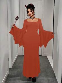 EMERY ROSE Plus Size Women Gothic Style Witch Dress, Vintage Batwing Sleeve Scoop Neck Robe, New Halloween Mermaid Tail Elastic Long Robe - Orange - View 4