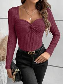 EMERY ROSE Fashionable & Elegant Women's Sweetheart Collar Twist Long Sleeve T-Shirt - Maroon - View 3