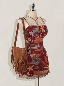 SHEIN ICON 大码女式暑假和返校服装，复古枫叶印花荷叶边连衣裙，适合夏季 - 酒紅色 - 查看 6