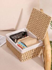 3件/2件/1件带盖桌面编织收纳篮，可用于存放化妆品、钥匙、零食，适用于客厅、走廊、家居装饰、工艺盒、结婚礼物装饰篮，适合返校季节。 - 杏色 - 查看 7