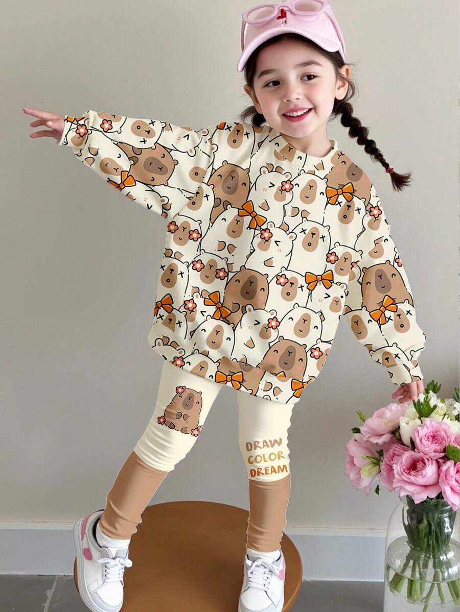 SHEIN Happikins 2pcs/Set Young Girl Casual Cute All-Over Print Drop Shoulder Loose Crew Neck Long Sleeve Sweatshirt And Contrast Color Leggings, Autumn/Winter