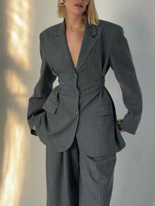 Siren Gaze 女士秋冬梭织条纹修身西装套装 - 灰色 - 查看 8