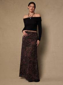 Freevana 大码休闲波西米亚风复古西部佩斯利和腰果花印花百搭棕色针织女裙，秋冬款 - 棕色 - 查看 6