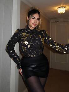 Xyvia Women's Elegant Party Shirt, Single Piece Woven Shiny Shirt Black Top, Comfortable Women's Long Sleeve Shirt Collar Clothing For Autumn/Winter, Christmas, New Year, Silver Shiny Outfit Women's Party Shirt