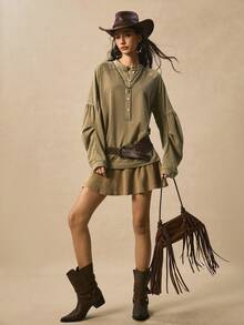 Easelle Vintage Casual Retro Snow Washed Color Block Loose Dress Splicing Retro One-Piece Dress Ladies Autumn Winter - Olive Green - View 1