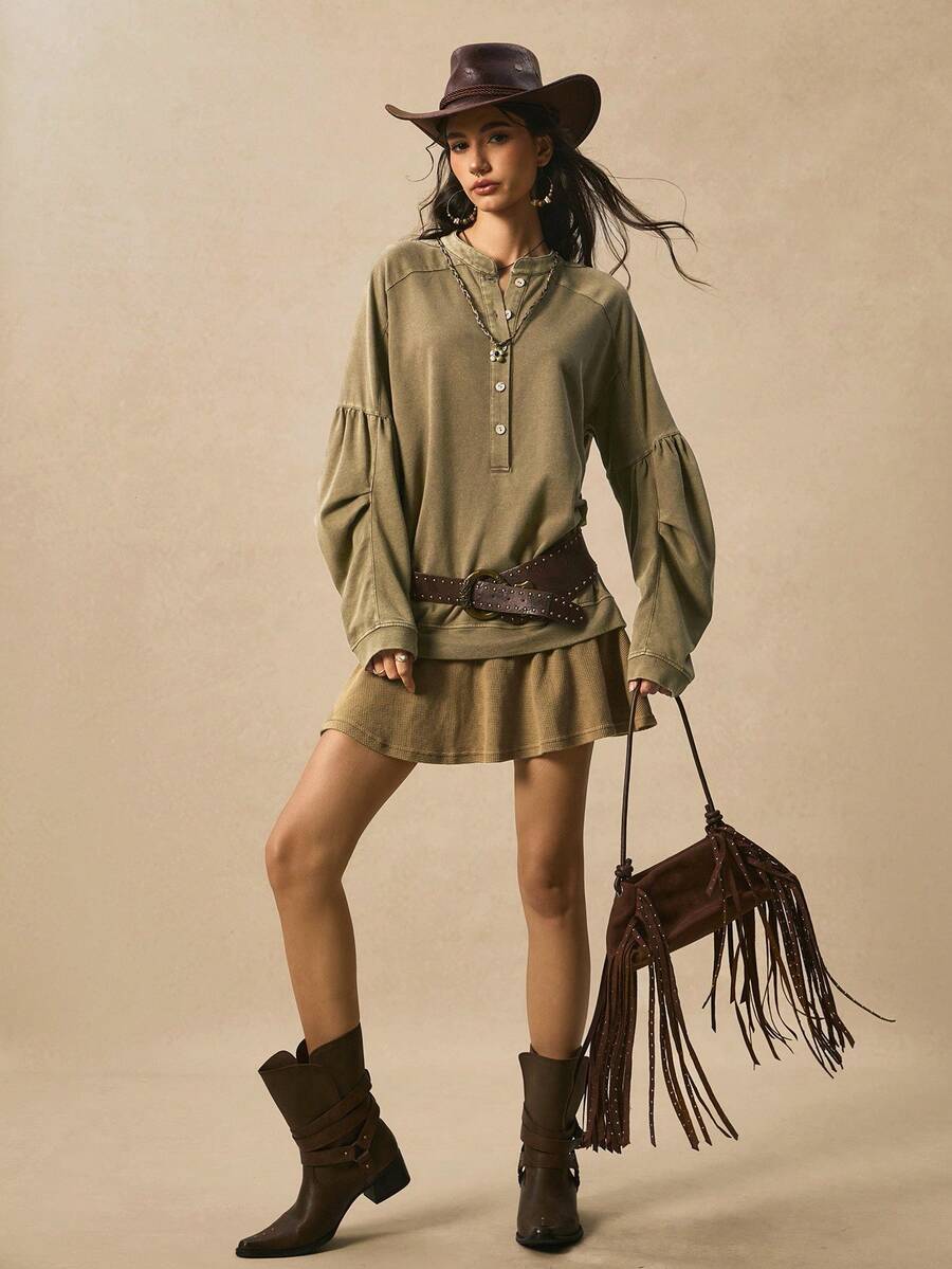 Easelle Vintage Casual Retro Snow Washed Color Block Loose Dress Splicing Retro One-Piece Dress Ladies Autumn Winter - Olive Green - View 1