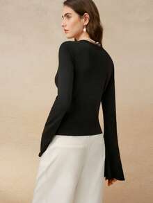 Cévolie 优雅法式黑色荷叶边喇叭袖上衣 - 黑色 - 查看 2