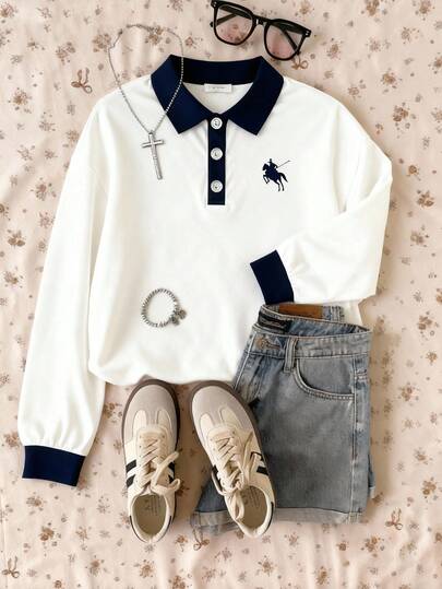 少女休闲拼色骑士印花T恤，秋季