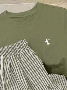 INAWLY 圆领刺绣短袖上衣+条纹印花裤套装，欧美风 - 綠色 - 查看 3