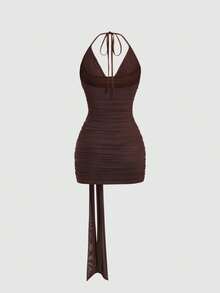 Sweetra Y2K Sexy Ruched Metallic Button Collar Dress - Coffee - View 2