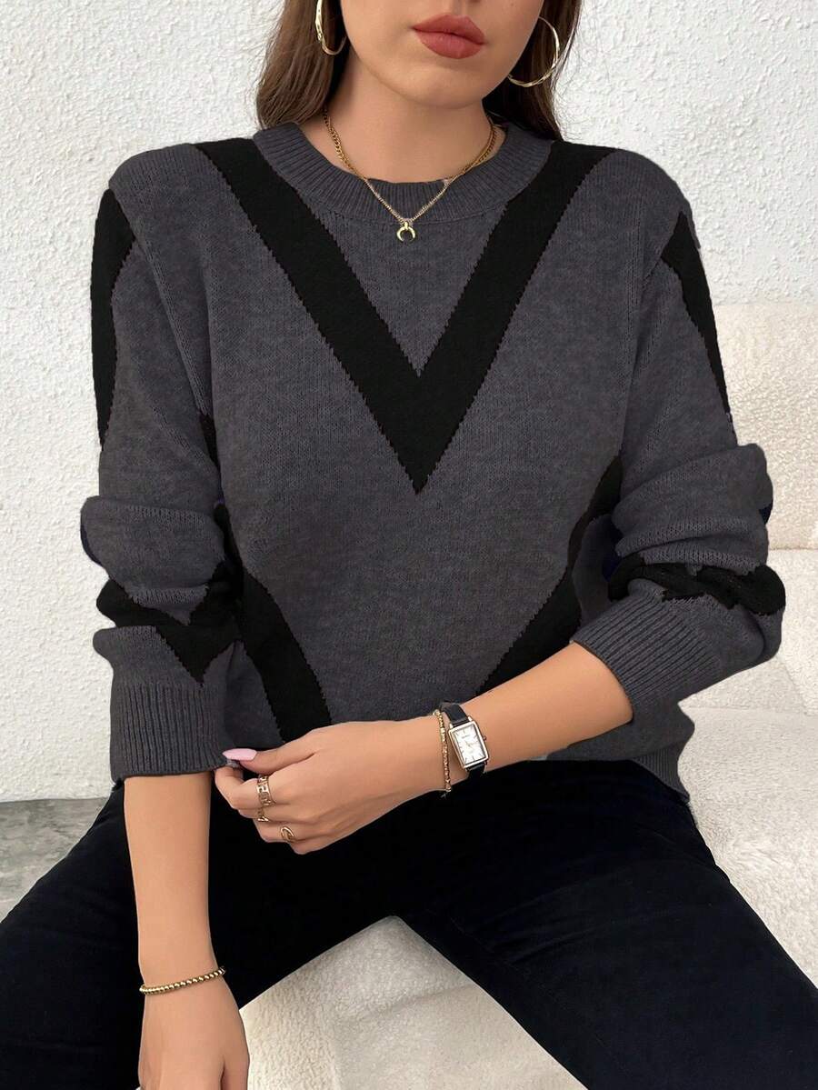 Elenzga Suéter de punto jacquard de manga larga, cuello redondo, estilizador, de moda casual para mujer de talla grande, otoño/invierno - Gris Oscuro - Ver 1