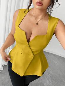 Elenzga 大码纯色双排扣紧身低领开衫，优雅时尚 - 芥末黃 - 查看 5