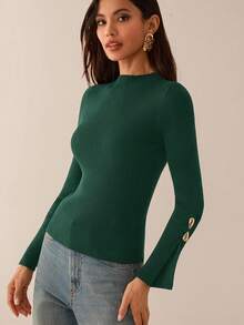 Lilora Long Sleeve Slit Metal Decor Bodycon Sweater In Fall/Winter Green Sweater Dark Green Top Green Tops For Women Emerald Green Top,Fall,Fall Clothes For Women - Green - View 5