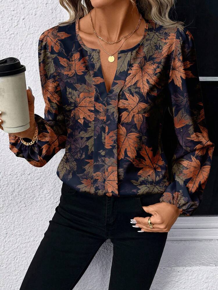 EMERY ROSE Women's Casual Maple Leaf Print Shirt, Suitable For Autumn/Winter Lantern Sleeve Blouse - Multicolor - View 4