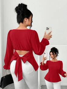 Elenzga Chemise élégante et décontractée pour femmes grandes tailles, manches bouffantes, nœud papillon dans le dos, couleur unie, été - Rouge - Voir 1