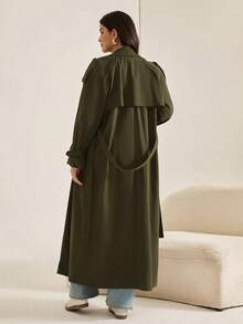 Auralis 大码女式秋冬时尚休闲宽松舒适日常基本百搭经典棕色长款风衣夹克，秋季女装，返校服装，老款女装，秋季外套 - 軍綠色 - 查看 2