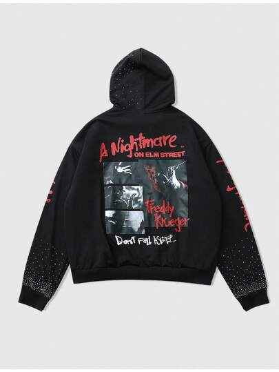 A Nightmare on Elm Street X ROMWE Sudadera con gráfico de letras y adornos de rhinestone, adecuada para otoño/invierno