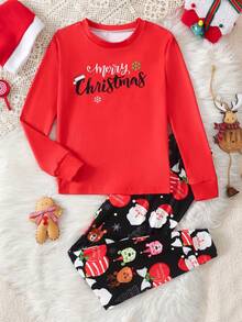 SHEIN Tween Girl Casual Comfortable Cartoon Graphic Crew Neck Pullover Loungewear - Red - View 6