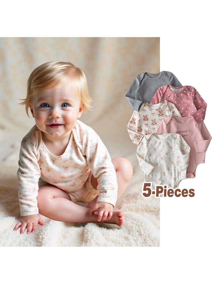 Loomiva 5pcs/Set Newborn Baby Boy/Girl Cartoon Animal Pattern Soft Knit Crew Neck Long Sleeve Snap-Up Bodysuit - Multicolor - View 1