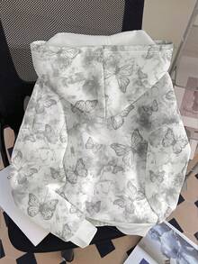 SHEIN Women's Butterfly Print Hooded Long Sleeve Zip-Up Sweatshirt Sweatshirt - White - View 2