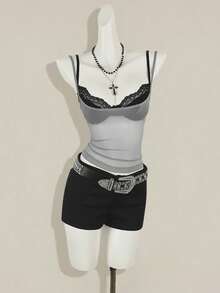 SHEIN ICON 女式红色透明吊带背心，搭配黑色蕾丝细肩带文胸，两件套 - 彩色 - 查看 3