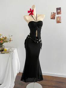 Soleia 全新度假西部海滩婚礼宾客服装、毕业早午餐、圣帕特里克节、春假、复活节、音乐节、优雅波西米亚热带露肩无袖网眼荷叶边下摆两件套 - 黑色 - 查看 4