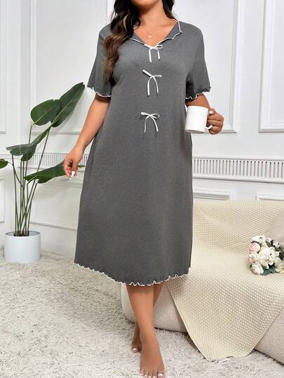 Plus Size Elegante Deep Grijs Midi Length Pajama Night Dress Bowknot Embellishment view 4